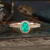 1 Carat Oval Cut Emerald Halo Ring with Pave Band
